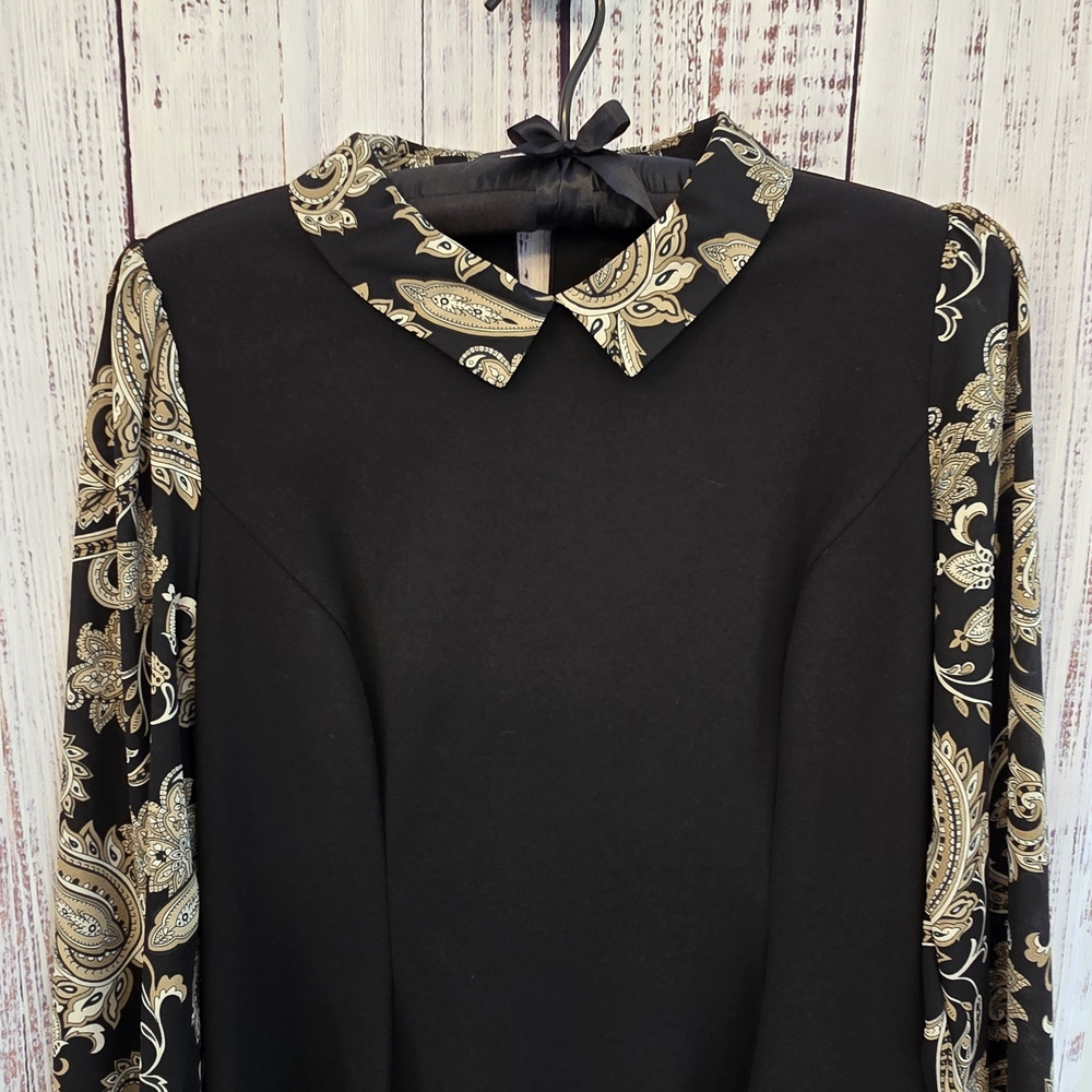 NWT Andrew Marc Black Dress with Gold Paisley Accents